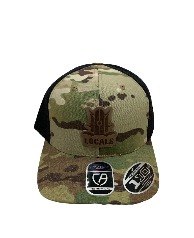 Adjustable surf hats for sun and wind protection-LOCALS LEATHER PATCH 110 FLEXFIT CURVED BRIM TRUCKER RIPSTOP CAMO