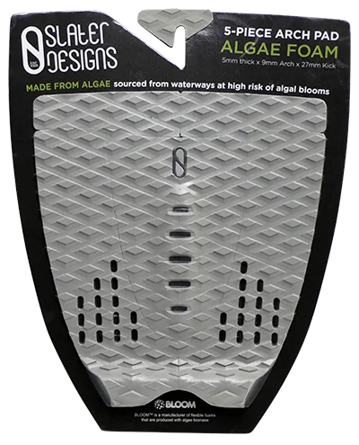 Smooth-textured surfboard pad for a fluid experience-  SLATER DESIGNS 5 PIECE ARCH TRACTION PAD - GRAY/BLACK